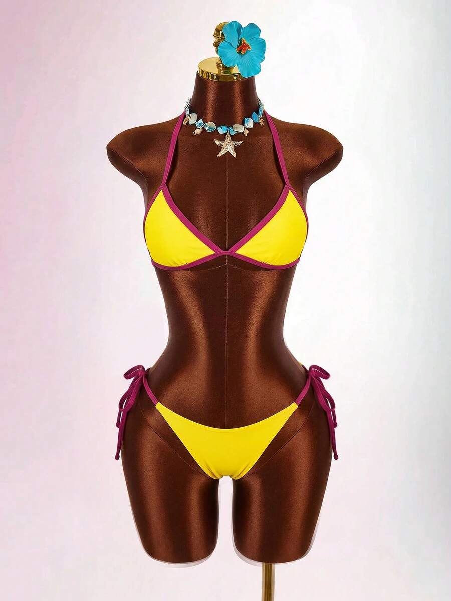 Blue 3-piece women's swimwear set featuring a 3D rose detailed triangle top with cutout tie closure and matching tie-side thong bottom.