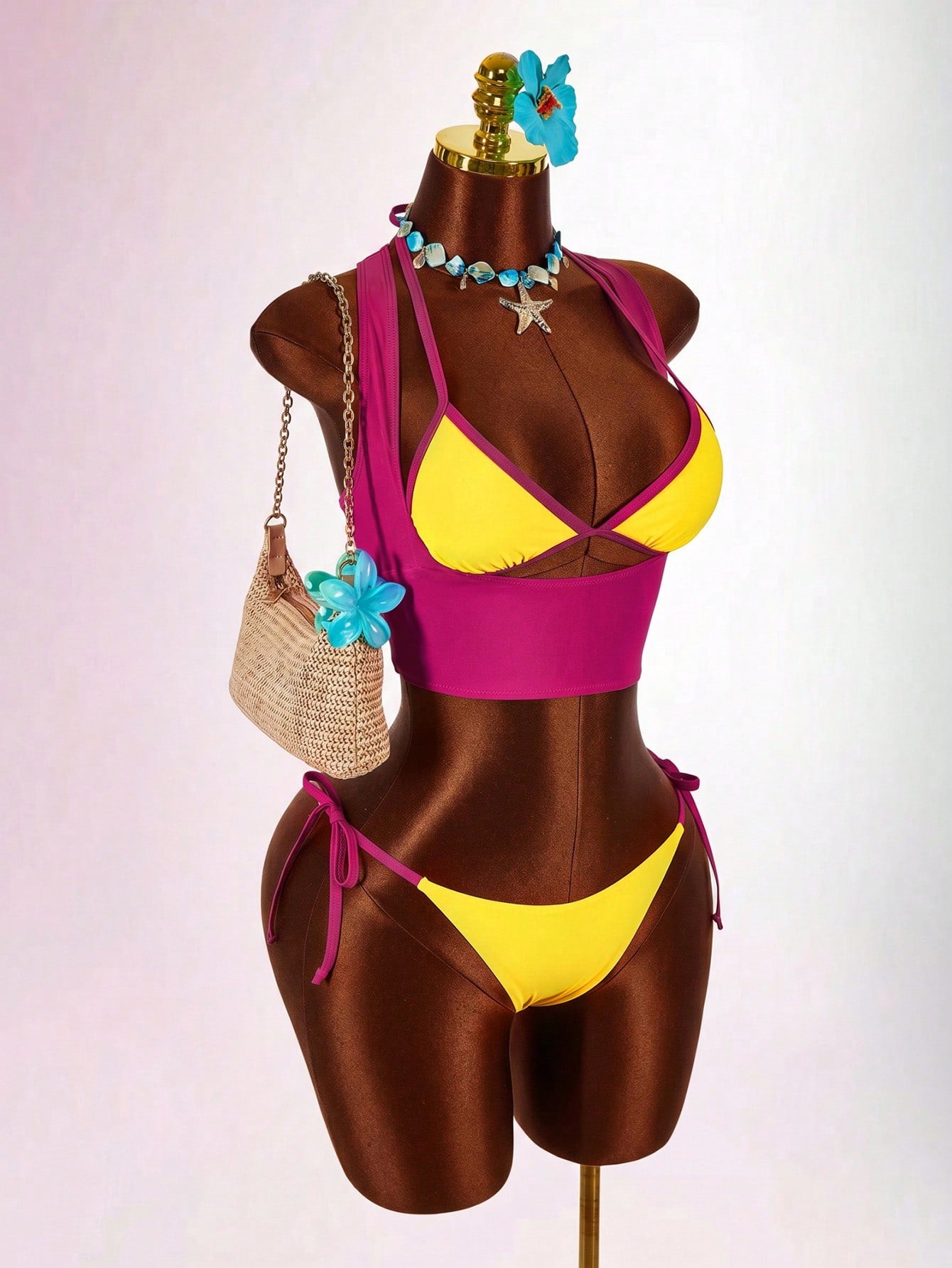 Blue 3-piece women's swimwear set featuring a 3D rose detailed triangle top with cutout tie closure and matching tie-side thong bottom.