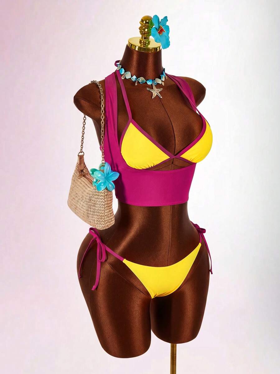 Blue 3-piece women's swimwear set featuring a 3D rose detailed triangle top with cutout tie closure and matching tie-side thong bottom.