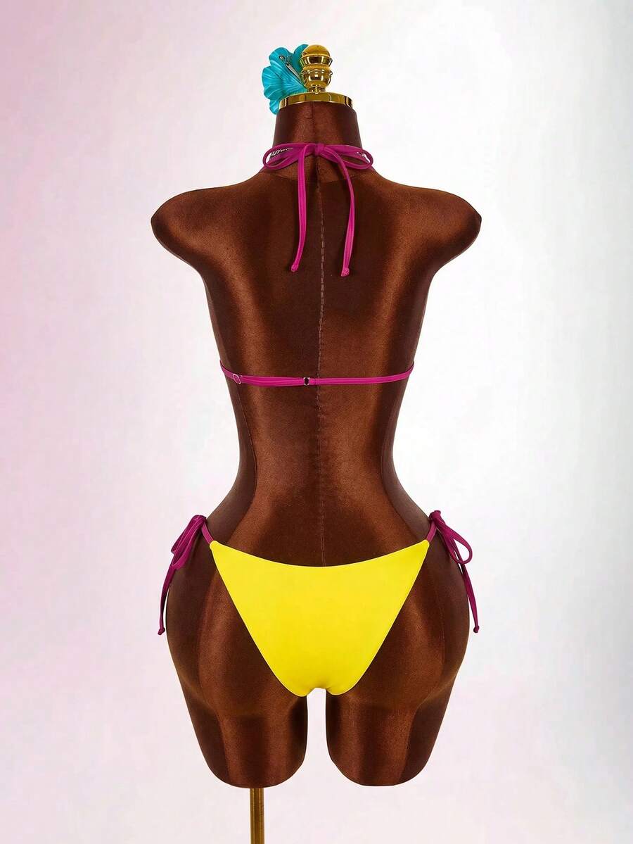 Blue 3-piece women's swimwear set featuring a 3D rose detailed triangle top with cutout tie closure and matching tie-side thong bottom.