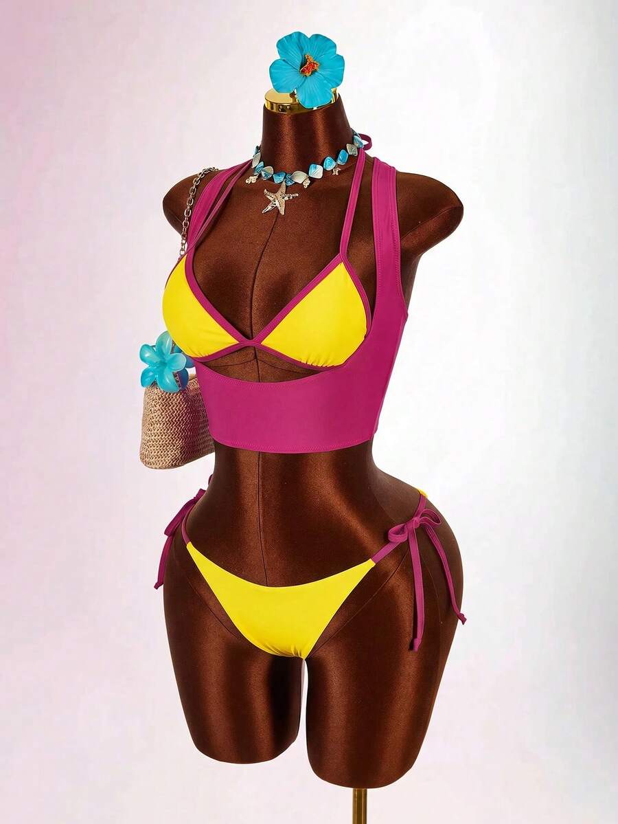 Blue 3-piece women's swimwear set featuring a 3D rose detailed triangle top with cutout tie closure and matching tie-side thong bottom.