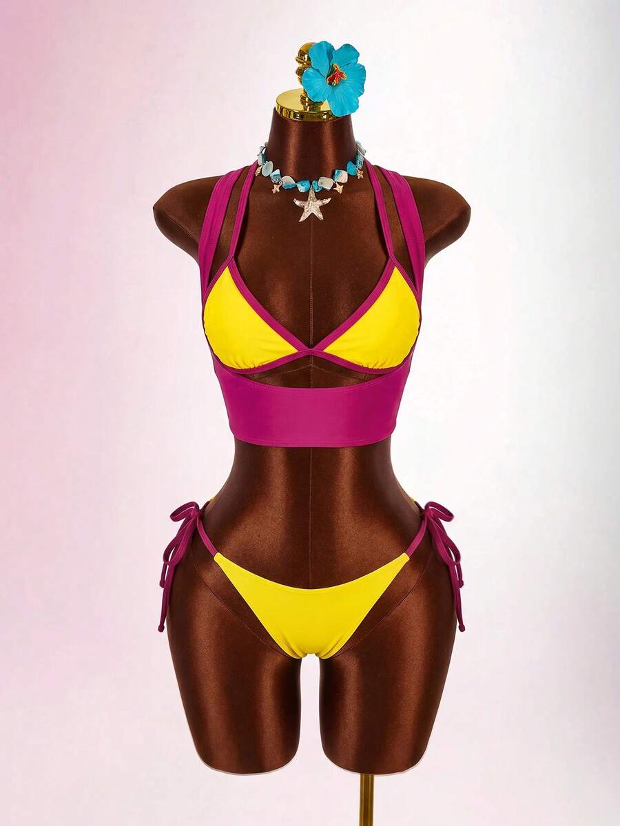 Blue 3-piece women's swimwear set featuring a 3D rose detailed triangle top with cutout tie closure and matching tie-side thong bottom.