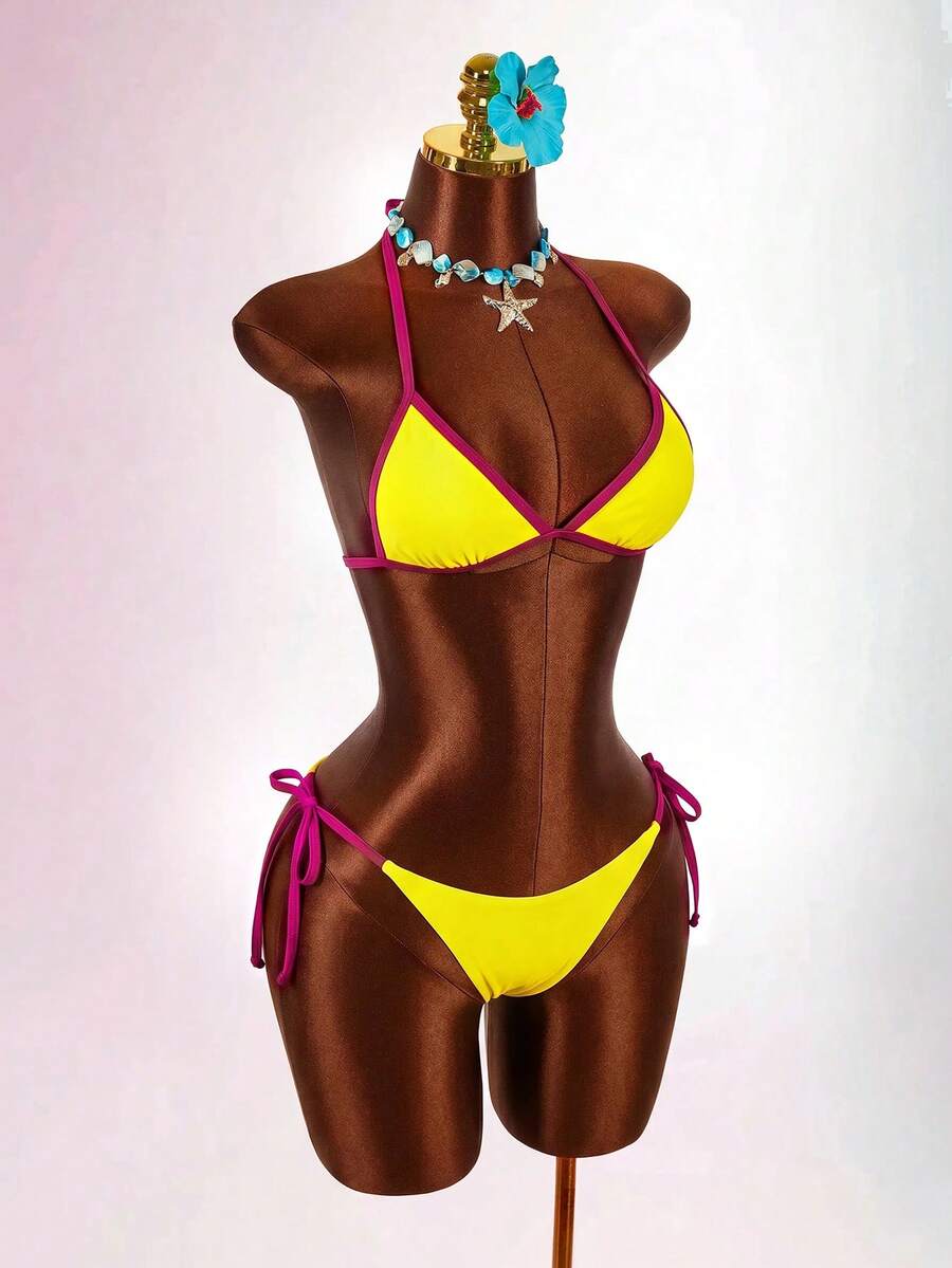 Blue 3-piece women's swimwear set featuring a 3D rose detailed triangle top with cutout tie closure and matching tie-side thong bottom.