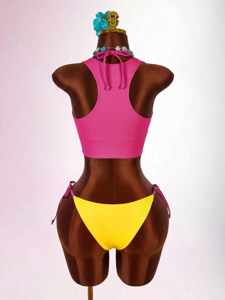 Blue 3-piece women's swimwear set featuring a 3D rose detailed triangle top with cutout tie closure and matching tie-side thong bottom.
