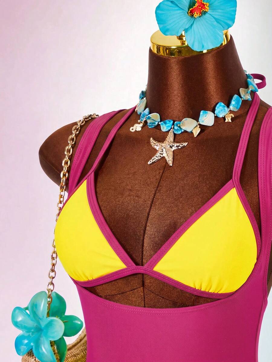 Blue 3-piece women's swimwear set featuring a 3D rose detailed triangle top with cutout tie closure and matching tie-side thong bottom.