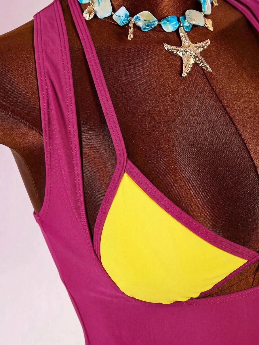 Blue 3-piece women's swimwear set featuring a 3D rose detailed triangle top with cutout tie closure and matching tie-side thong bottom.