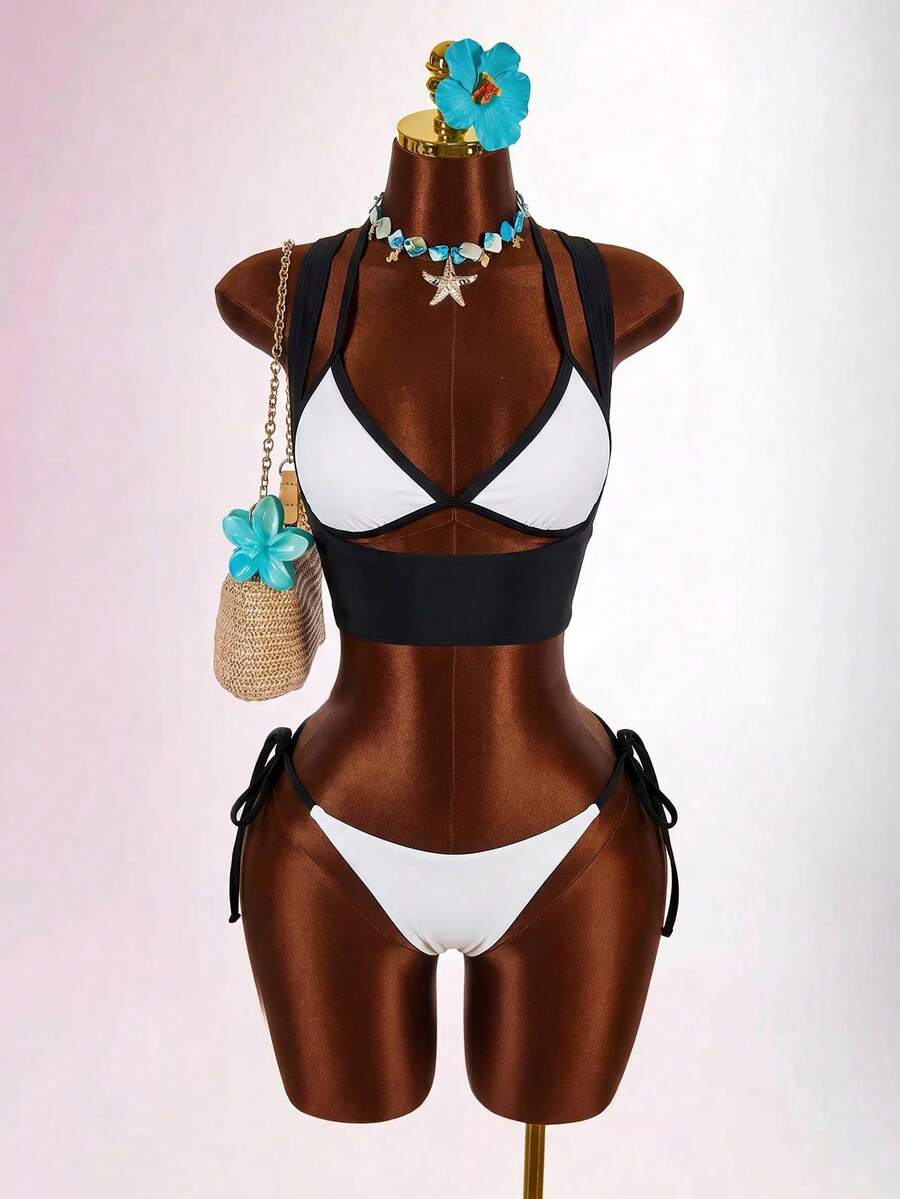 Blue 3-piece women's swimwear set featuring a 3D rose detailed triangle top with cutout tie closure and matching tie-side thong bottom.
