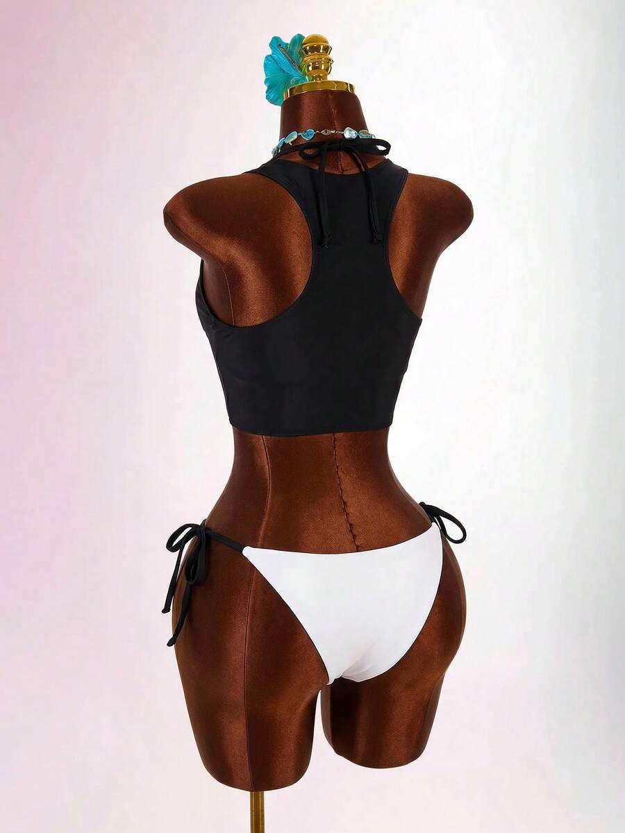 Blue 3-piece women's swimwear set featuring a 3D rose detailed triangle top with cutout tie closure and matching tie-side thong bottom.