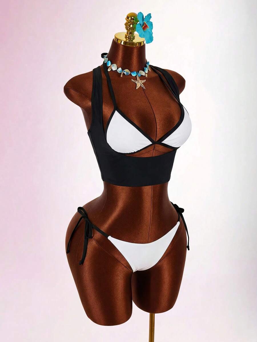Blue 3-piece women's swimwear set featuring a 3D rose detailed triangle top with cutout tie closure and matching tie-side thong bottom.