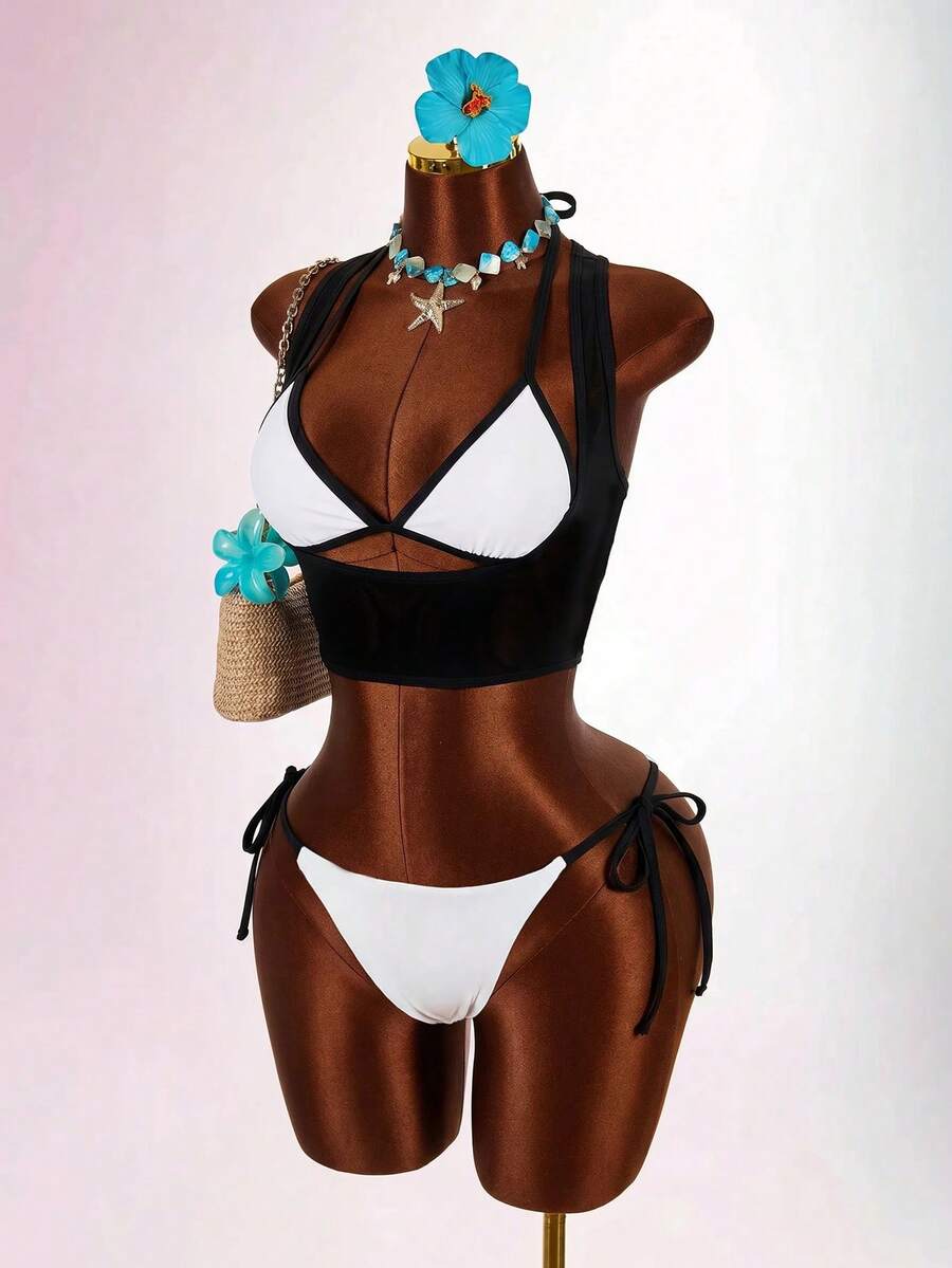 Blue 3-piece women's swimwear set featuring a 3D rose detailed triangle top with cutout tie closure and matching tie-side thong bottom.