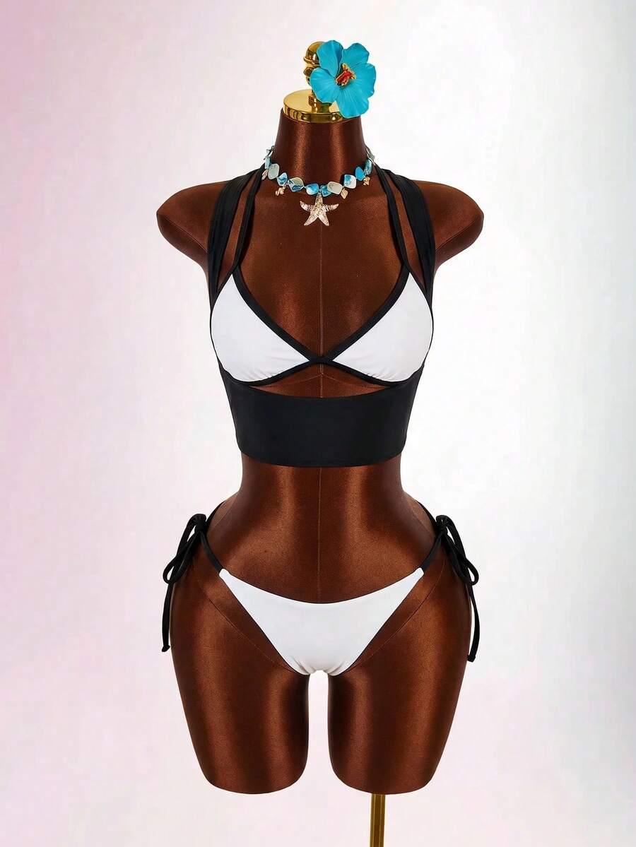 Blue 3-piece women's swimwear set featuring a 3D rose detailed triangle top with cutout tie closure and matching tie-side thong bottom.