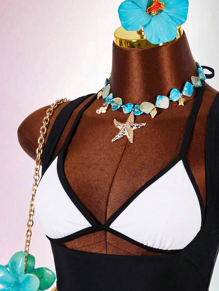 Blue 3-piece women's swimwear set featuring a 3D rose detailed triangle top with cutout tie closure and matching tie-side thong bottom.