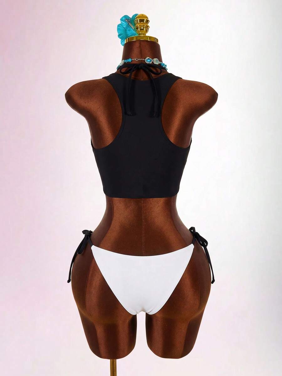 Blue 3-piece women's swimwear set featuring a 3D rose detailed triangle top with cutout tie closure and matching tie-side thong bottom.