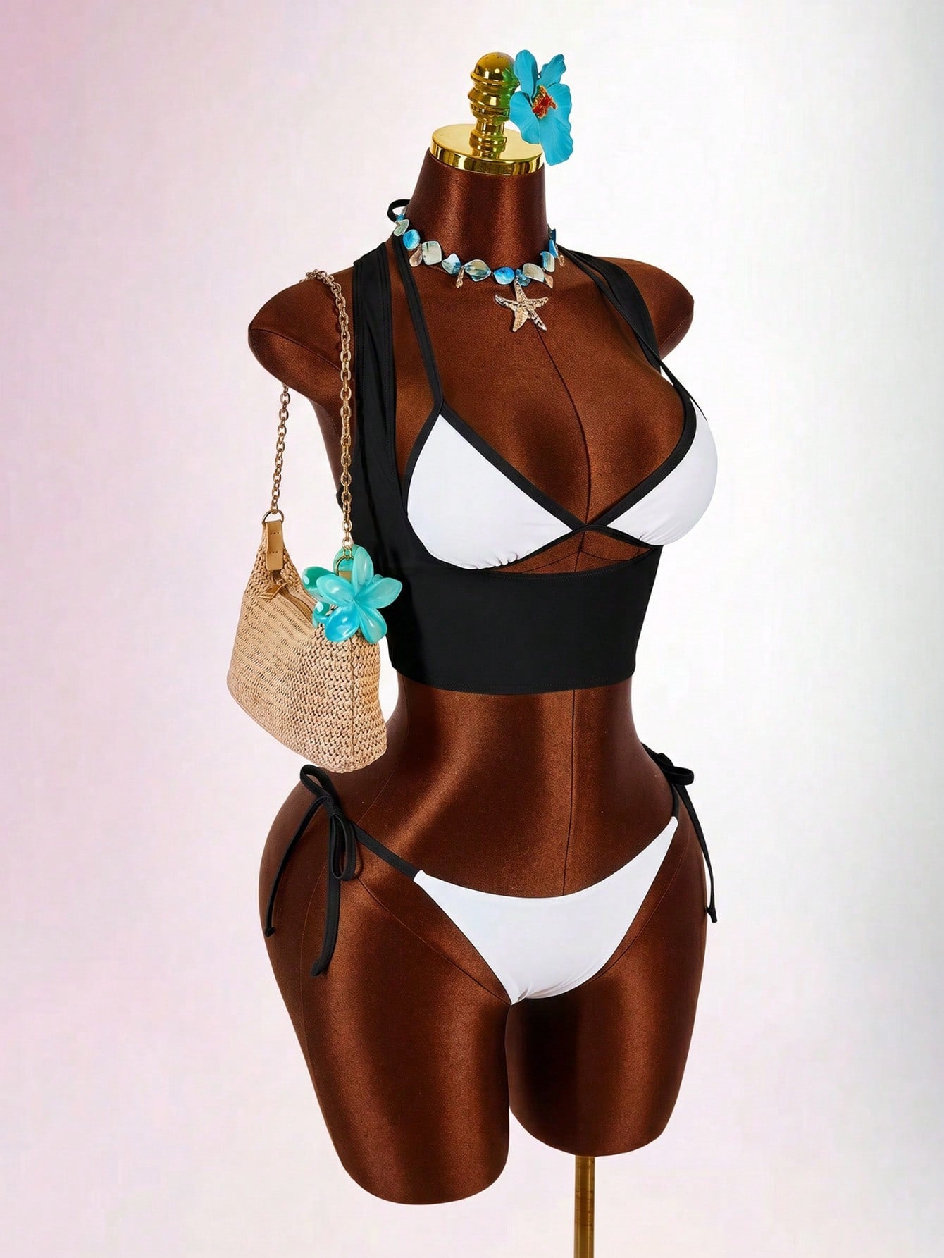 Blue 3-piece women's swimwear set featuring a 3D rose detailed triangle top with cutout tie closure and matching tie-side thong bottom.