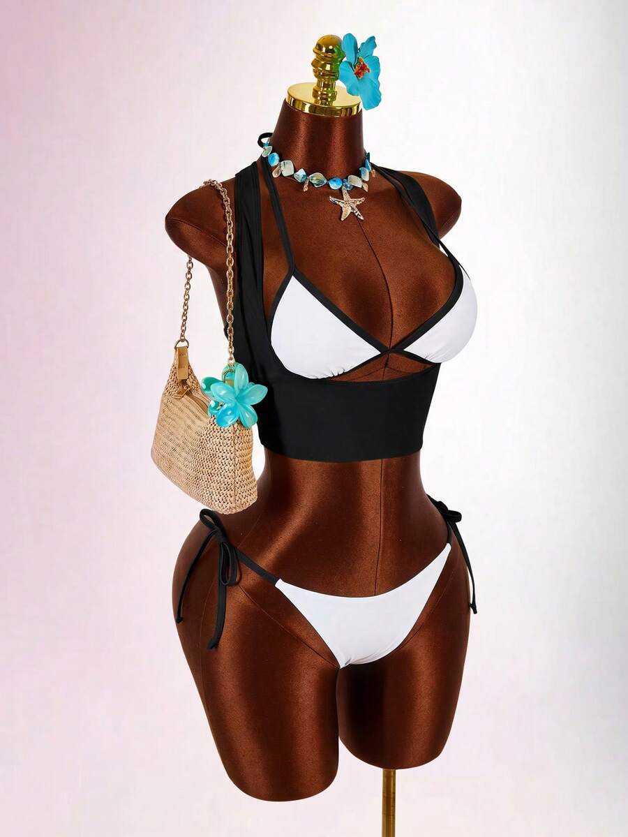 Blue 3-piece women's swimwear set featuring a 3D rose detailed triangle top with cutout tie closure and matching tie-side thong bottom.