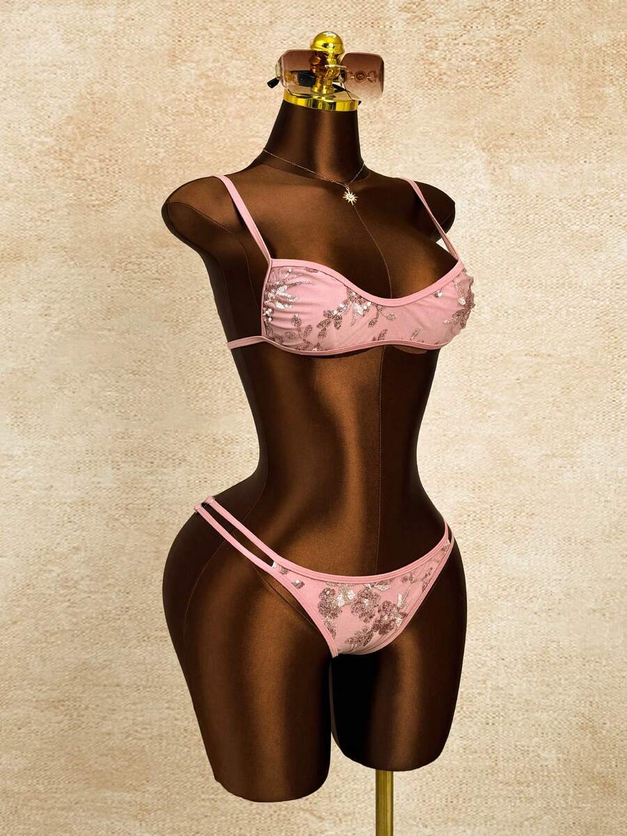 Women's 2-piece micro cup bikini set featuring contrast mesh details, wireless spaghetti strap bra top, and high cut ultra low waist bottoms.