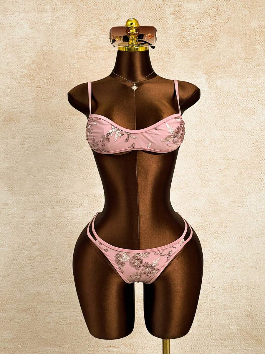 Women's 2-piece micro cup bikini set featuring contrast mesh details, wireless spaghetti strap bra top, and high cut ultra low waist bottoms.