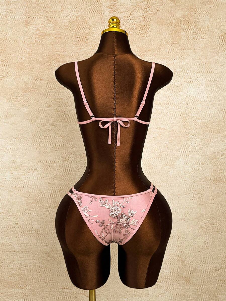 Women's 2-piece micro cup bikini set featuring contrast mesh details, wireless spaghetti strap bra top, and high cut ultra low waist bottoms.