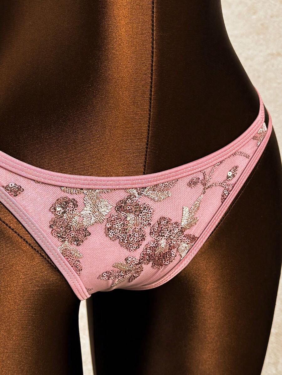 Women's 2-piece micro cup bikini set featuring contrast mesh details, wireless spaghetti strap bra top, and high cut ultra low waist bottoms.