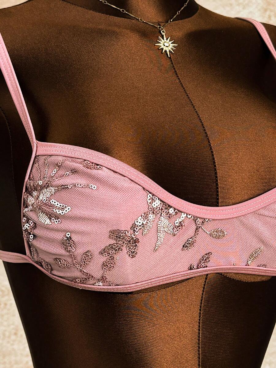 Women's 2-piece micro cup bikini set featuring contrast mesh details, wireless spaghetti strap bra top, and high cut ultra low waist bottoms.