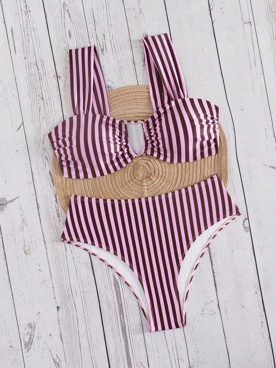 Springbreak black high waist bikini set for women featuring wireless bra top with ruffle lettuce trim and V-wired detail.