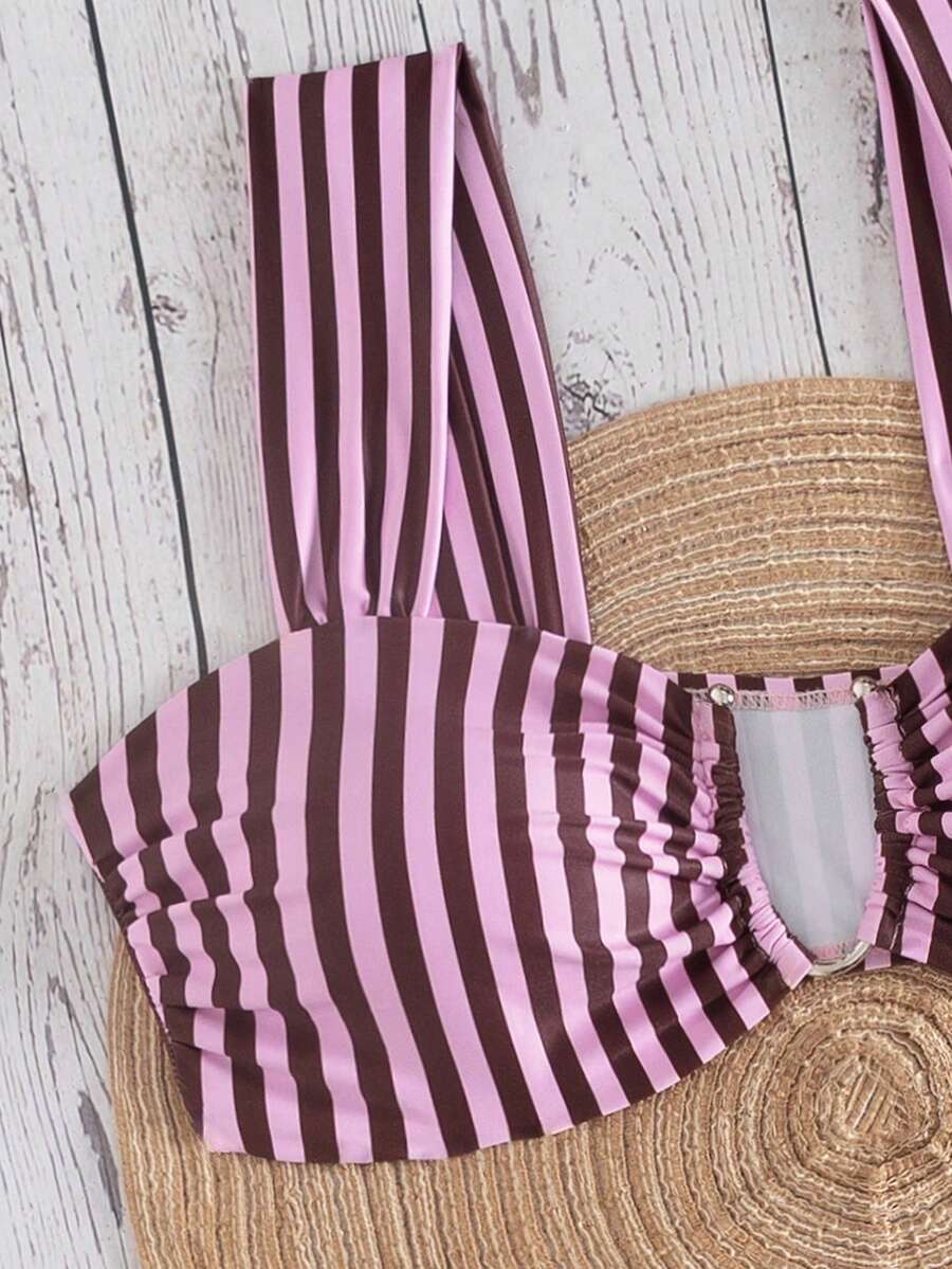 Springbreak black high waist bikini set for women featuring wireless bra top with ruffle lettuce trim and V-wired detail.