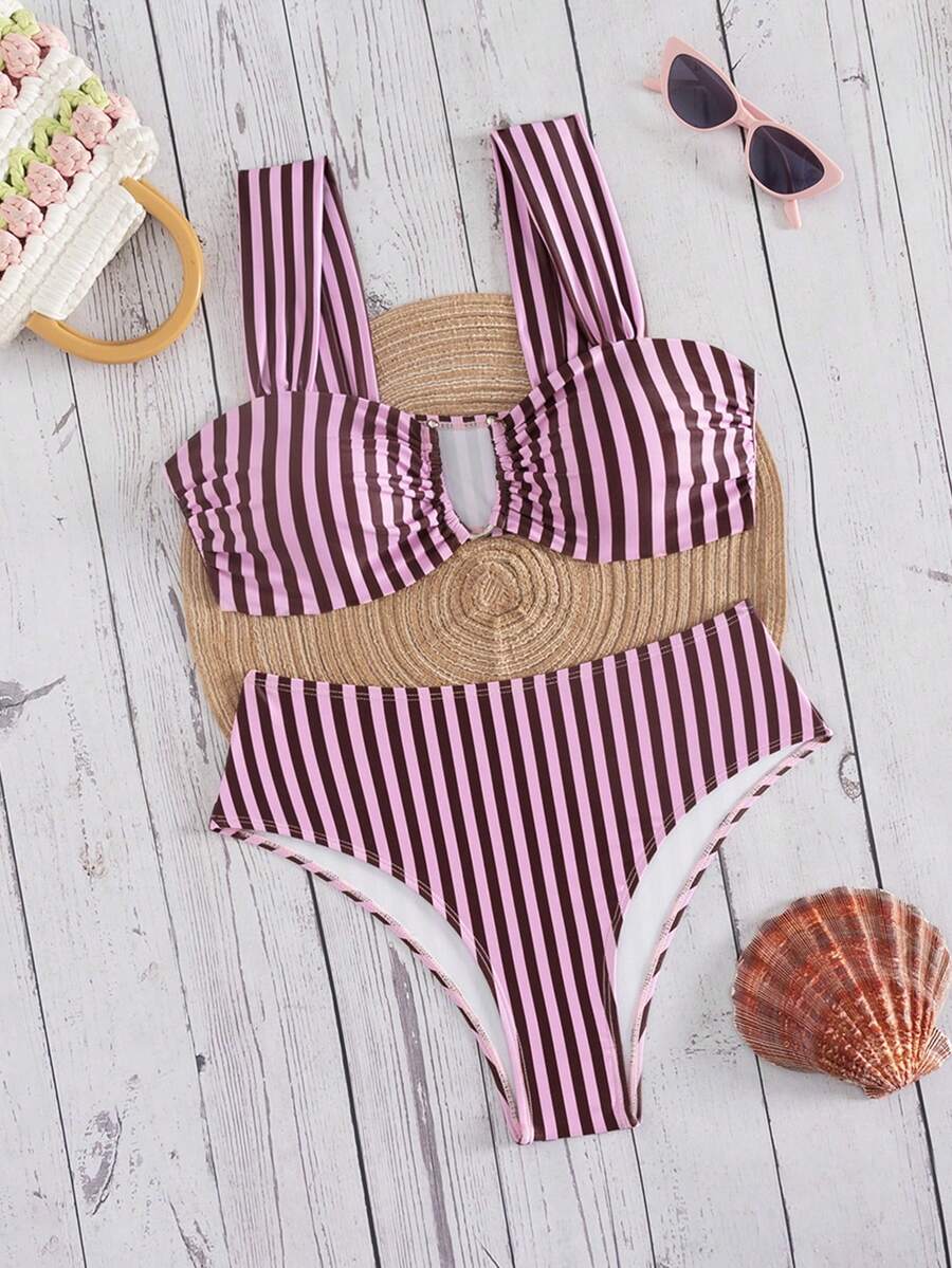Springbreak black high waist bikini set for women featuring wireless bra top with ruffle lettuce trim and V-wired detail.