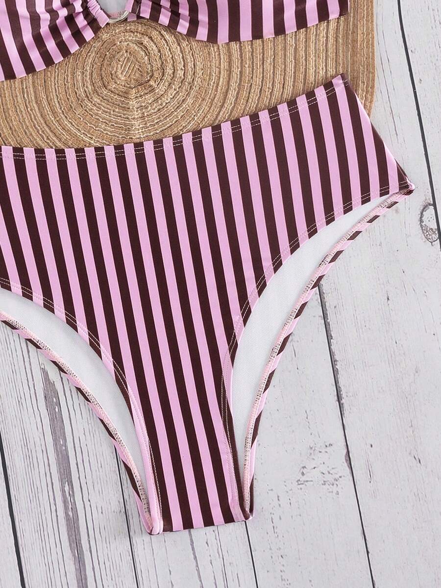 Springbreak black high waist bikini set for women featuring wireless bra top with ruffle lettuce trim and V-wired detail.