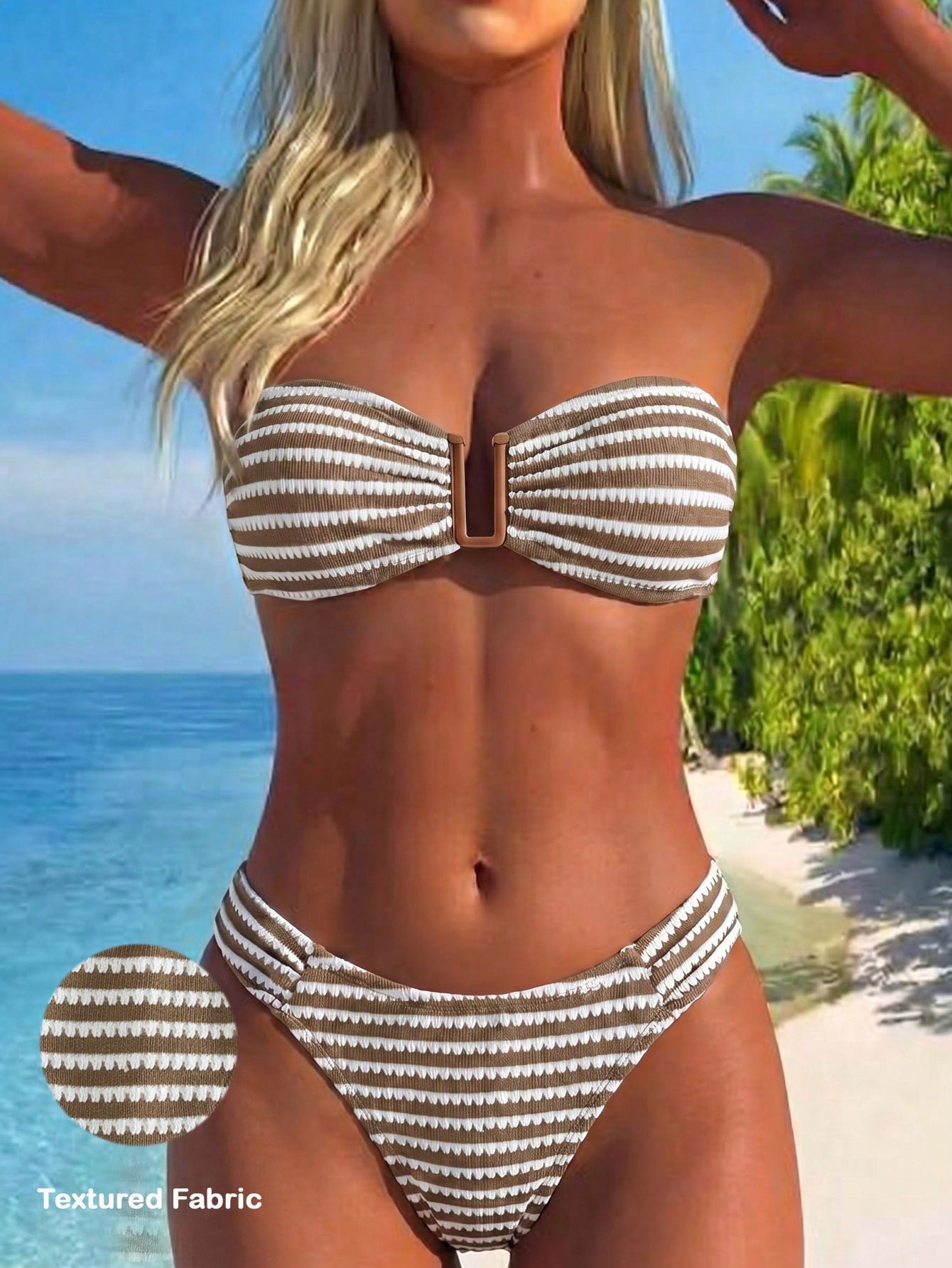 Brown and white small plaid two-piece bikini set featuring a strapless ruched bustier top with back tie and high-waist bottoms.