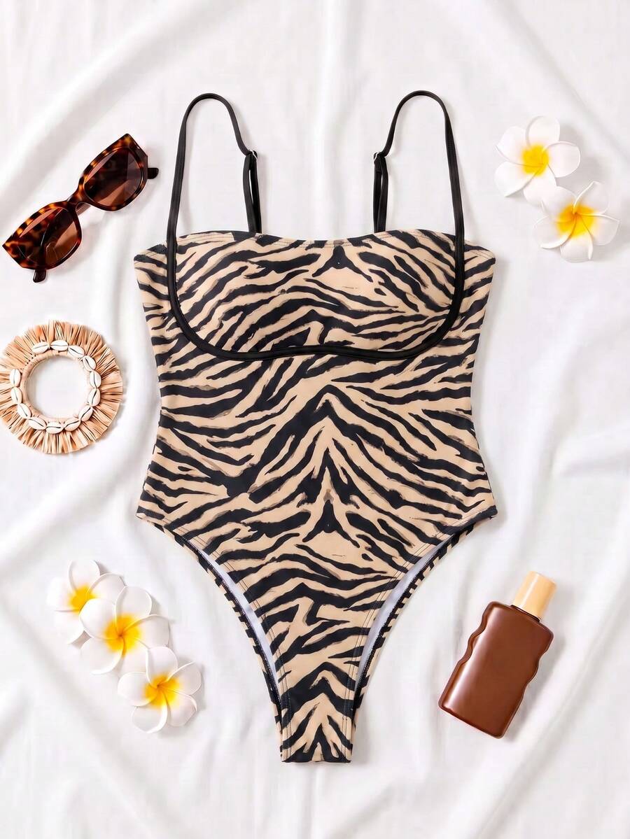 Black colorblock women's one-piece swimsuit with spaghetti straps and high stretch fabric.