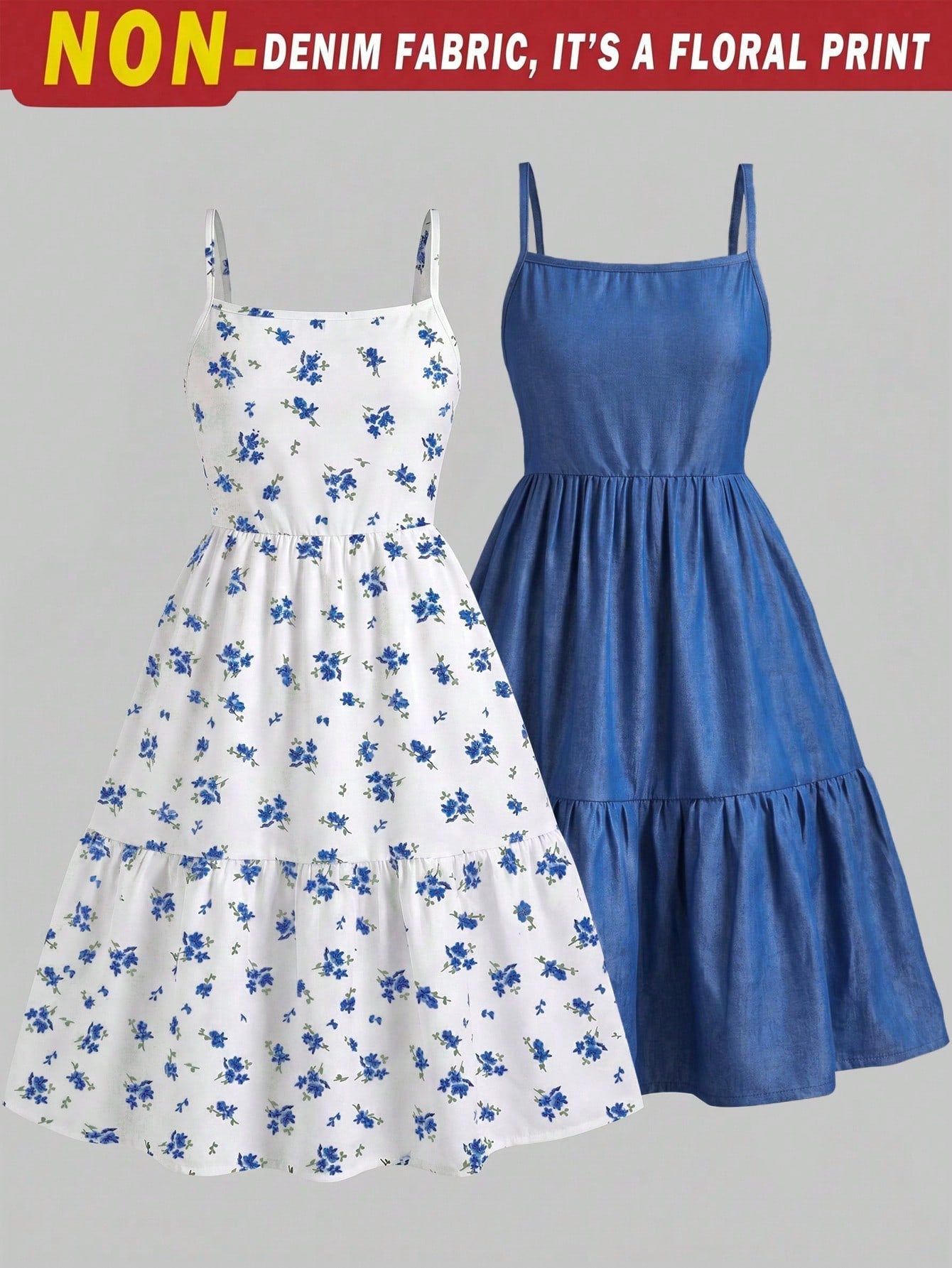 Tween girl blue plant print spaghetti strap cami dress with shirred high waist and flounce ruffled hem