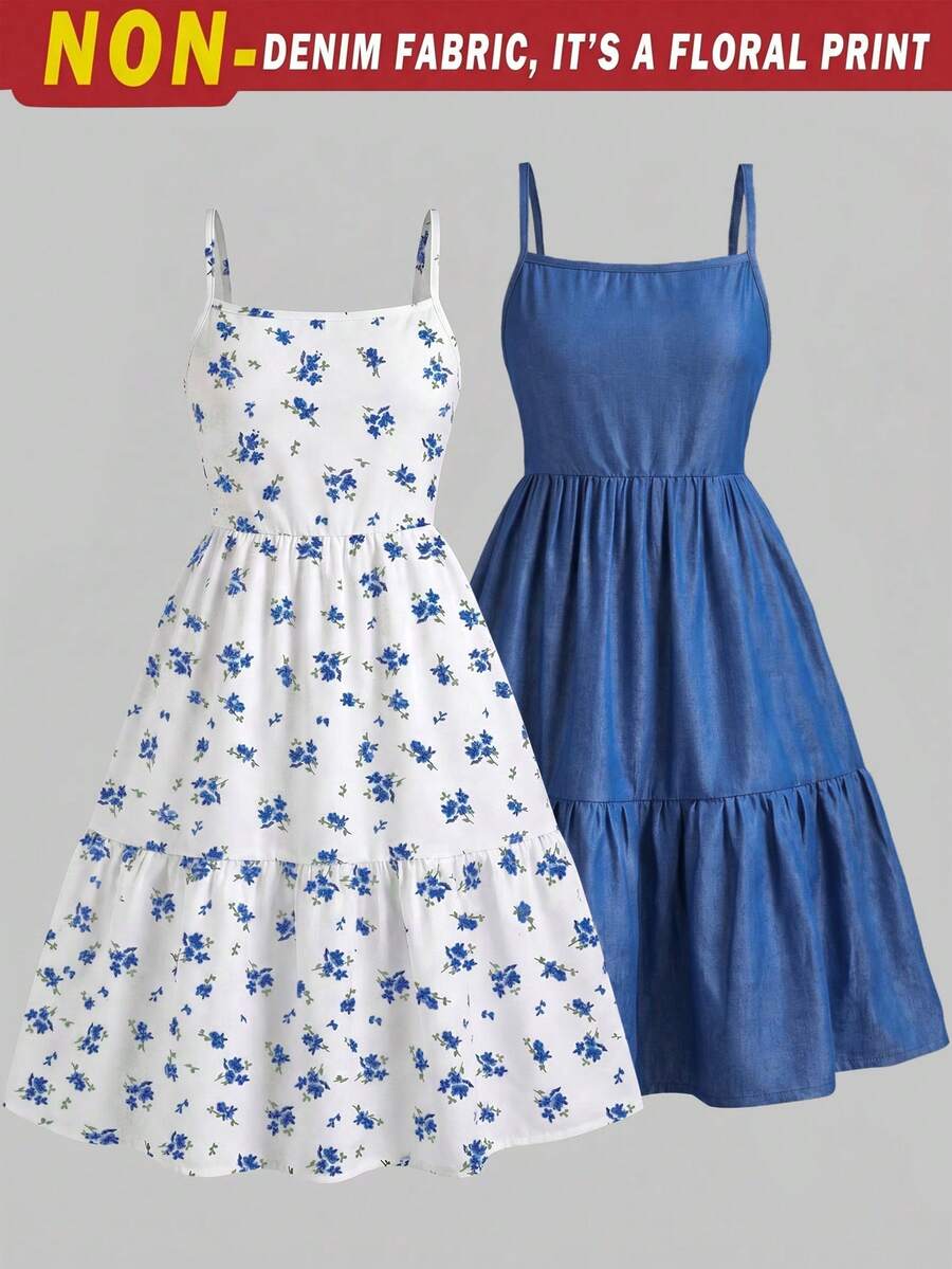 Tween girl blue plant print spaghetti strap cami dress with shirred high waist and flounce ruffled hem