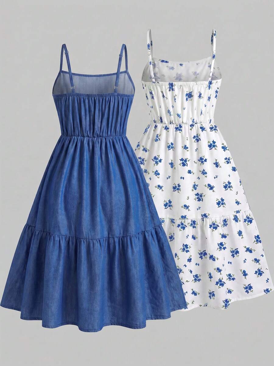 Tween girl blue plant print spaghetti strap cami dress with shirred high waist and flounce ruffled hem