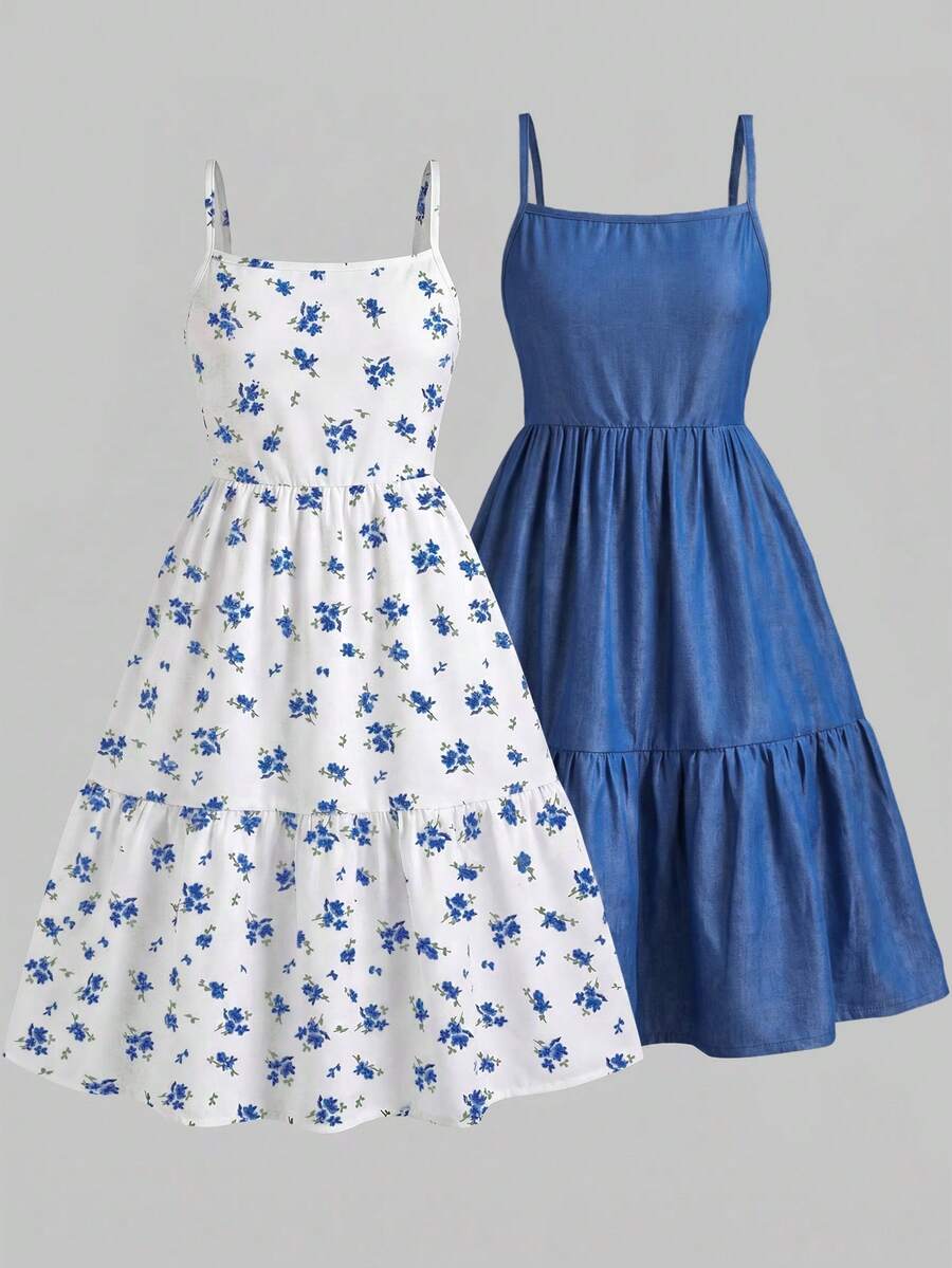 Tween girl blue plant print spaghetti strap cami dress with shirred high waist and flounce ruffled hem
