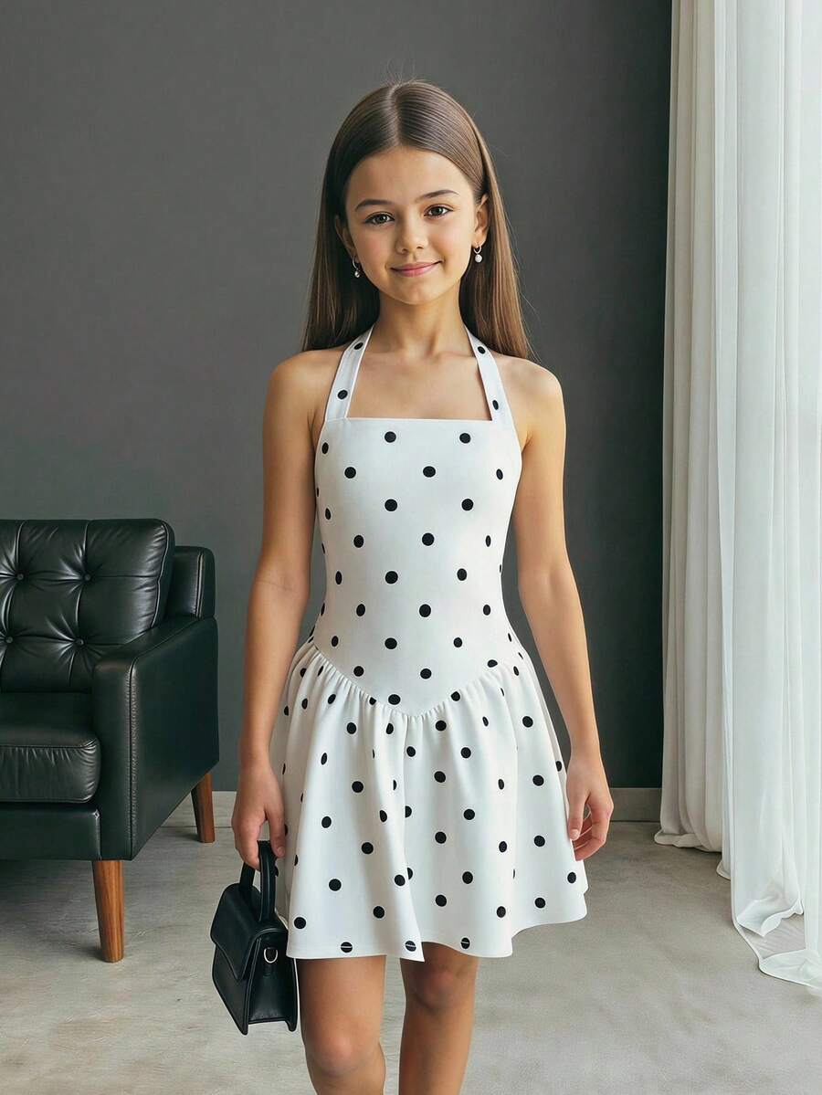 Black sleeveless halter polka dot mini dress for tween girls featuring a high waist and flared hem