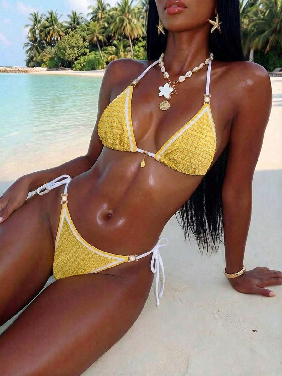 Women's triangle bikini set with contrast lace wireless bra top and ultra high waist tie side bottoms.