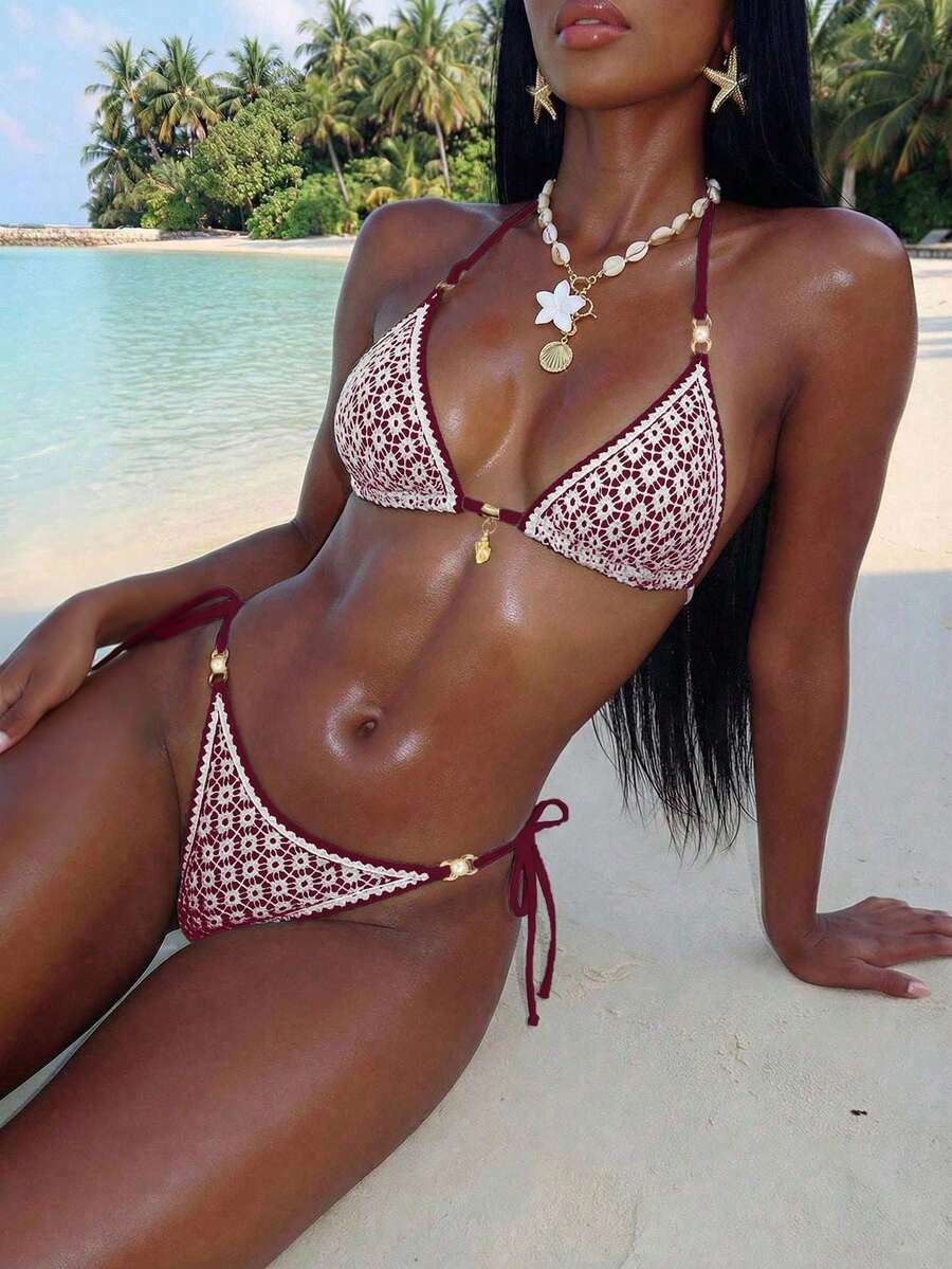 Women's triangle bikini set with contrast lace wireless bra top and ultra high waist tie side bottoms.