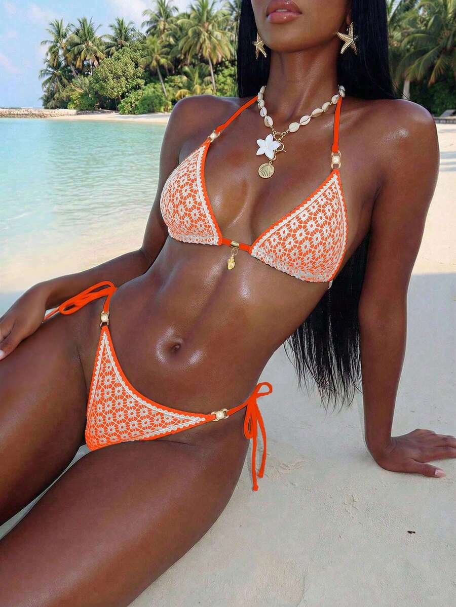 Women's triangle bikini set with contrast lace wireless bra top and ultra high waist tie side bottoms.