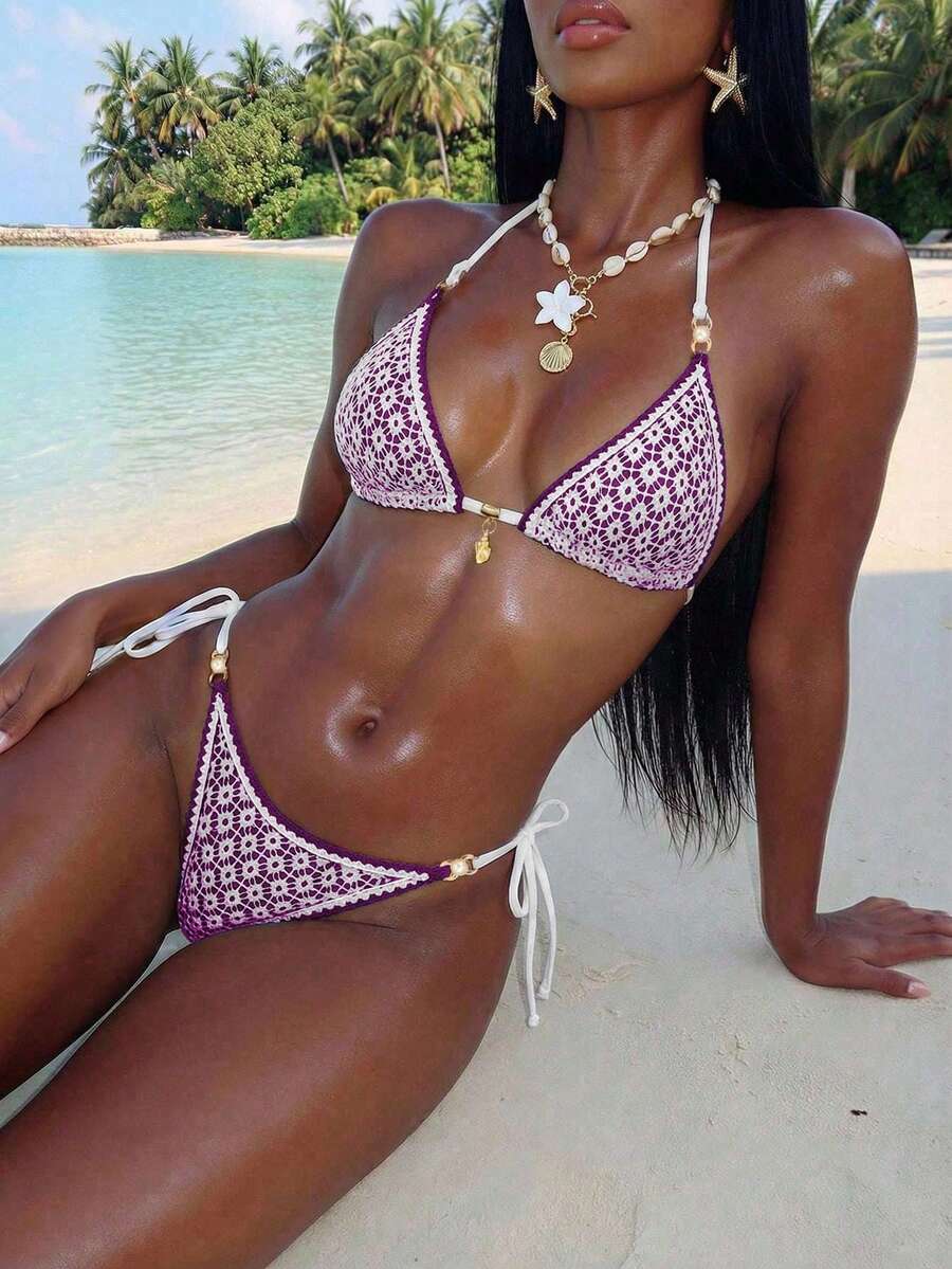 Women's triangle bikini set with contrast lace wireless bra top and ultra high waist tie side bottoms.