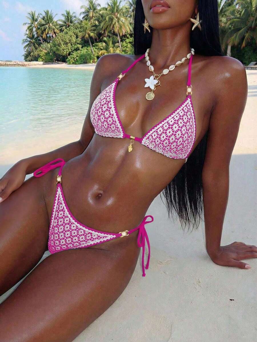 Women's triangle bikini set with contrast lace wireless bra top and ultra high waist tie side bottoms.