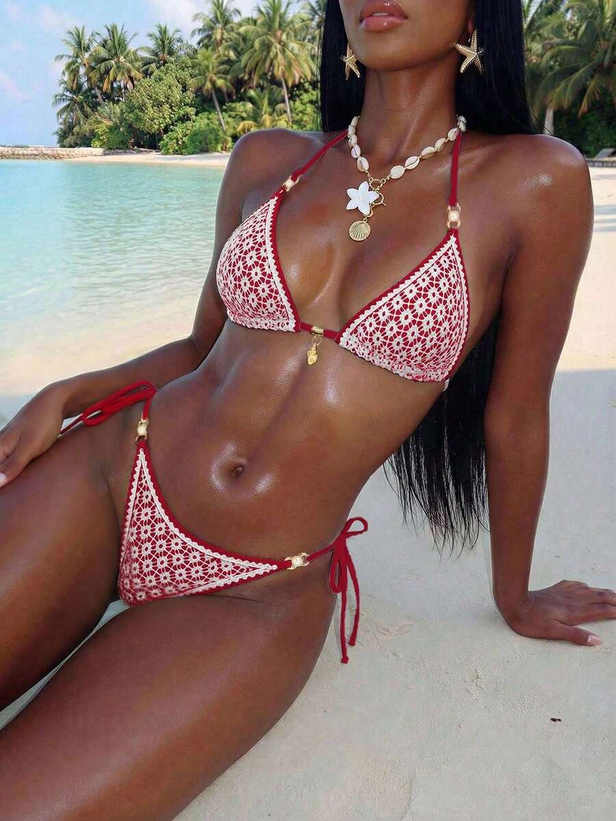 Women's triangle bikini set with contrast lace wireless bra top and ultra high waist tie side bottoms.