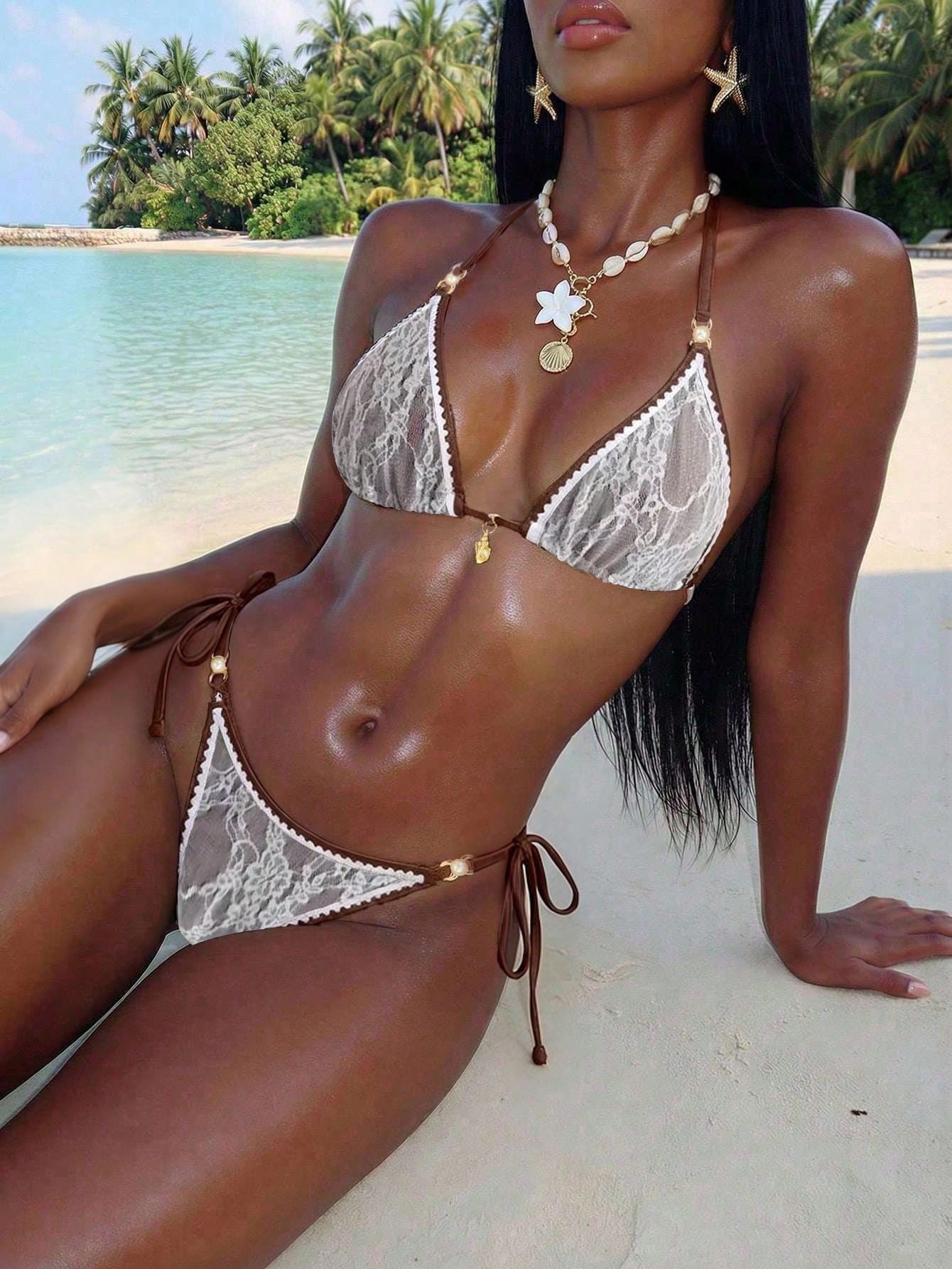 Women's triangle bikini set with contrast lace wireless bra top and ultra high waist tie side bottoms.