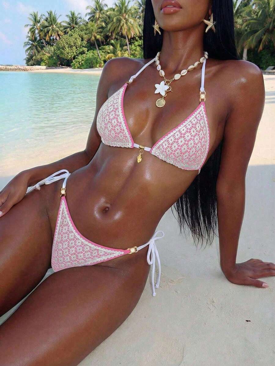 Women's triangle bikini set with contrast lace wireless bra top and ultra high waist tie side bottoms.