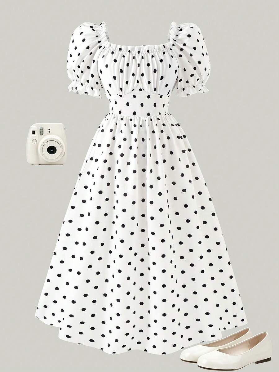 Apricot tween girls dress featuring square neckline, short puff sleeves, ruched bust, high waist, and flared A-line hem.