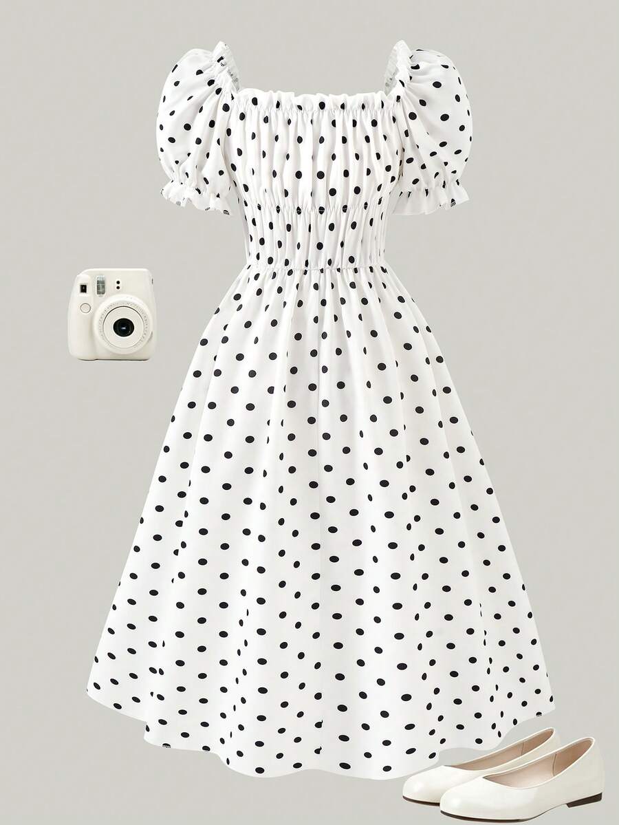 Apricot tween girls dress featuring square neckline, short puff sleeves, ruched bust, high waist, and flared A-line hem.