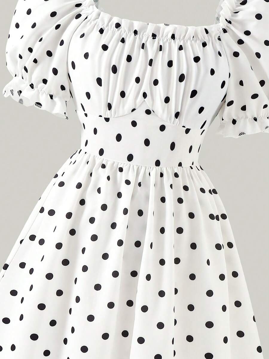 Apricot tween girls dress featuring square neckline, short puff sleeves, ruched bust, high waist, and flared A-line hem.