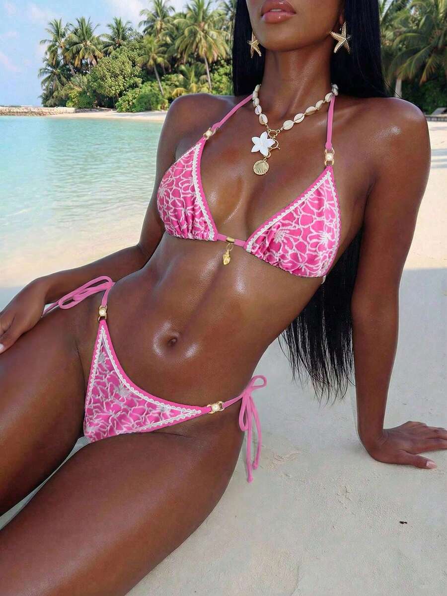 Women's triangle bikini set with contrast lace wireless bra top and ultra high waist tie side bottoms.