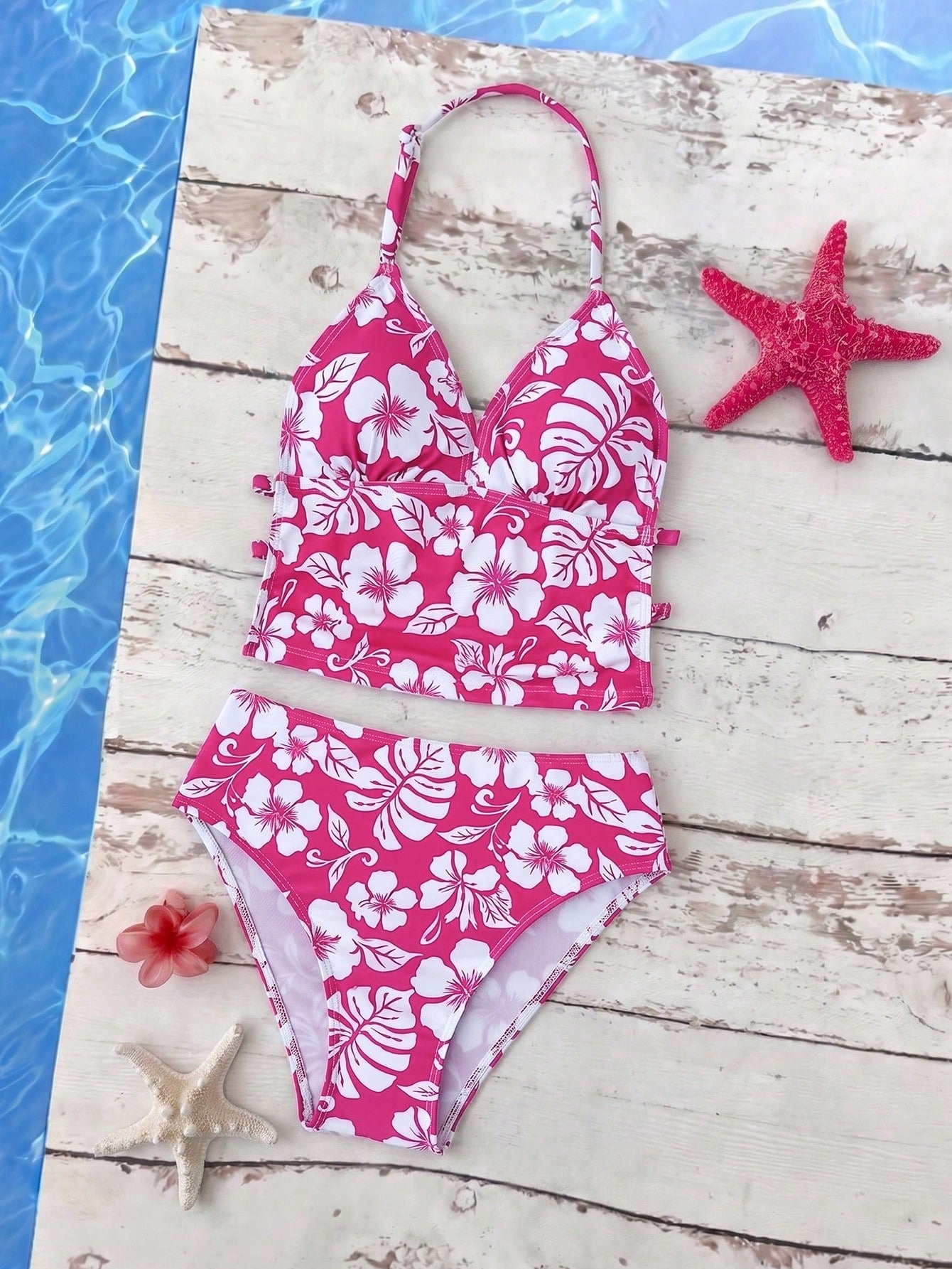 Tween Girls Yellow Floral Print Spaghetti Strap Bikini Sets,2pcs Swimwear For Beach Holiday,Spring/Summer Bathing Suits Bright Color Flower Suit