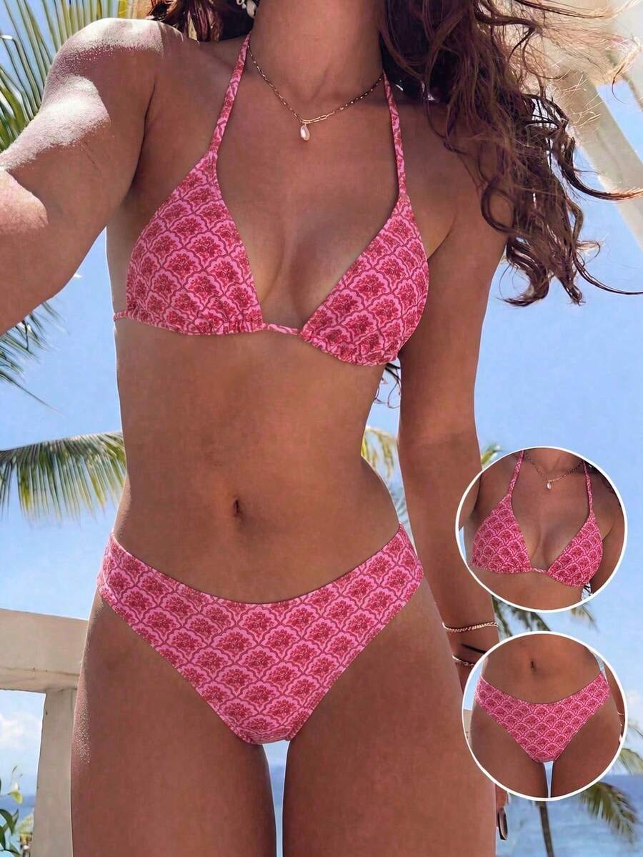 Women's apricot 2-piece halter bikini set featuring a wireless triangle top with tie-back detail and high-waisted high-cut bottoms.
