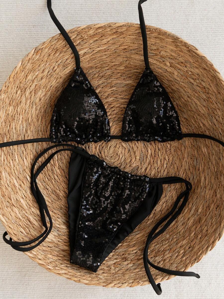 Women's apricot solid halter tie bikini top with triangle cups and matching tie-side swimsuit bottoms.